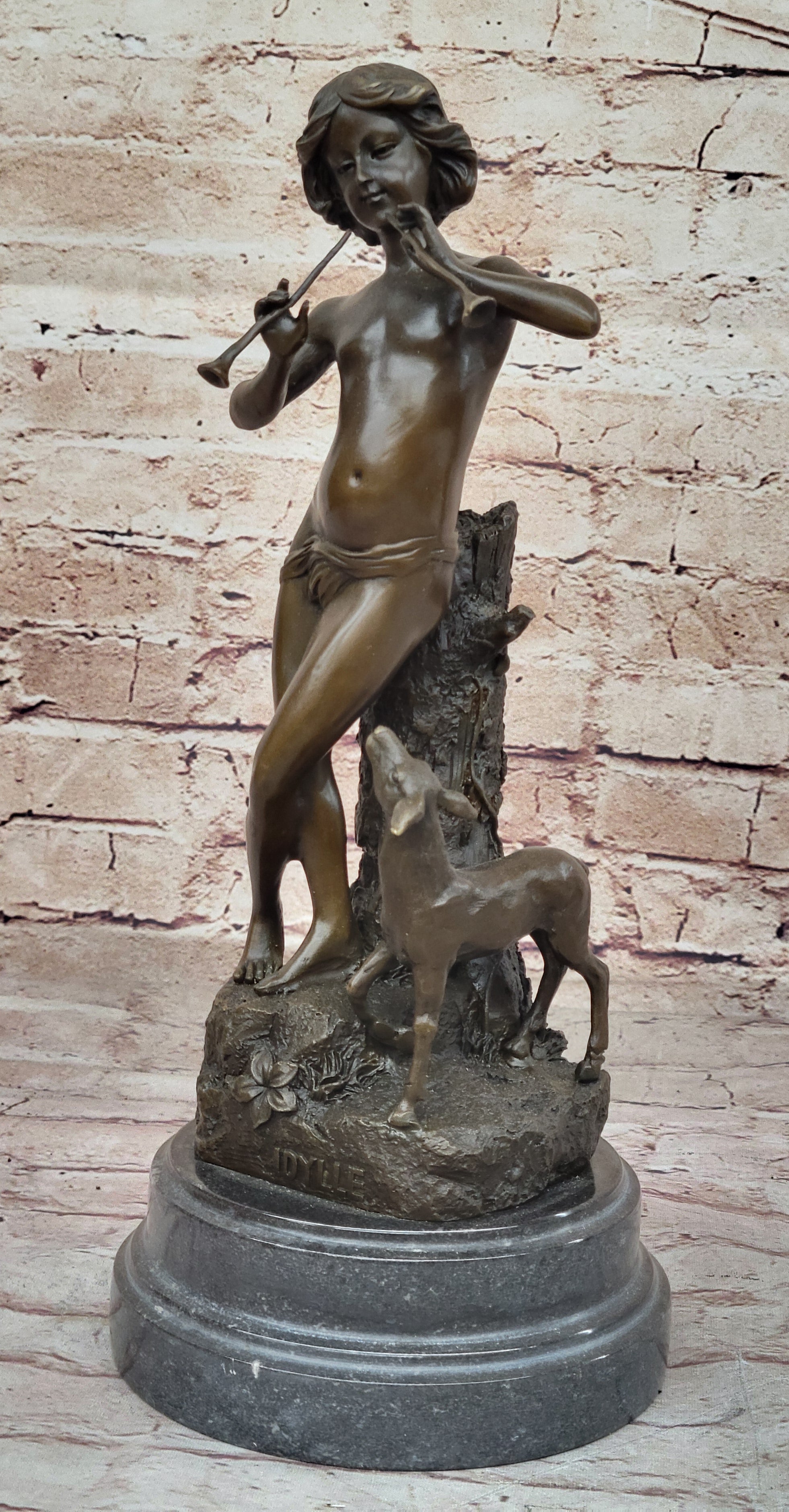 Young Boy Playing Flute to Lamb Bronze by Joaquin Angles