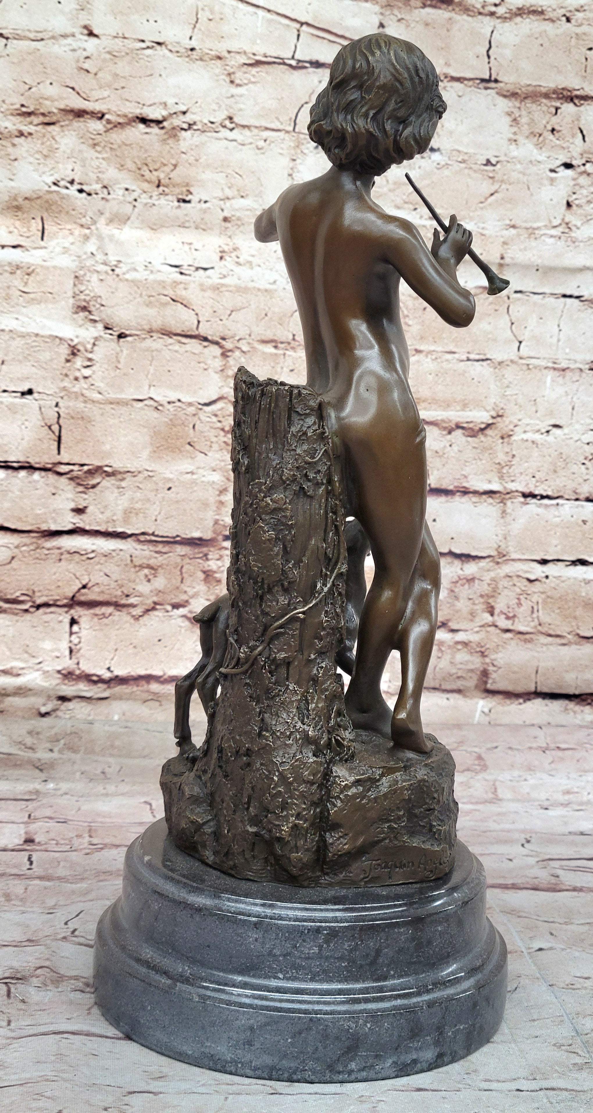 Young Boy Playing Flute to Lamb Bronze by Joaquin Angles
