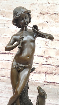 Young Boy Playing Flute to Lamb Bronze by Joaquin Angles