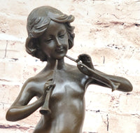 Young Boy Playing Flute to Lamb Bronze by Joaquin Angles