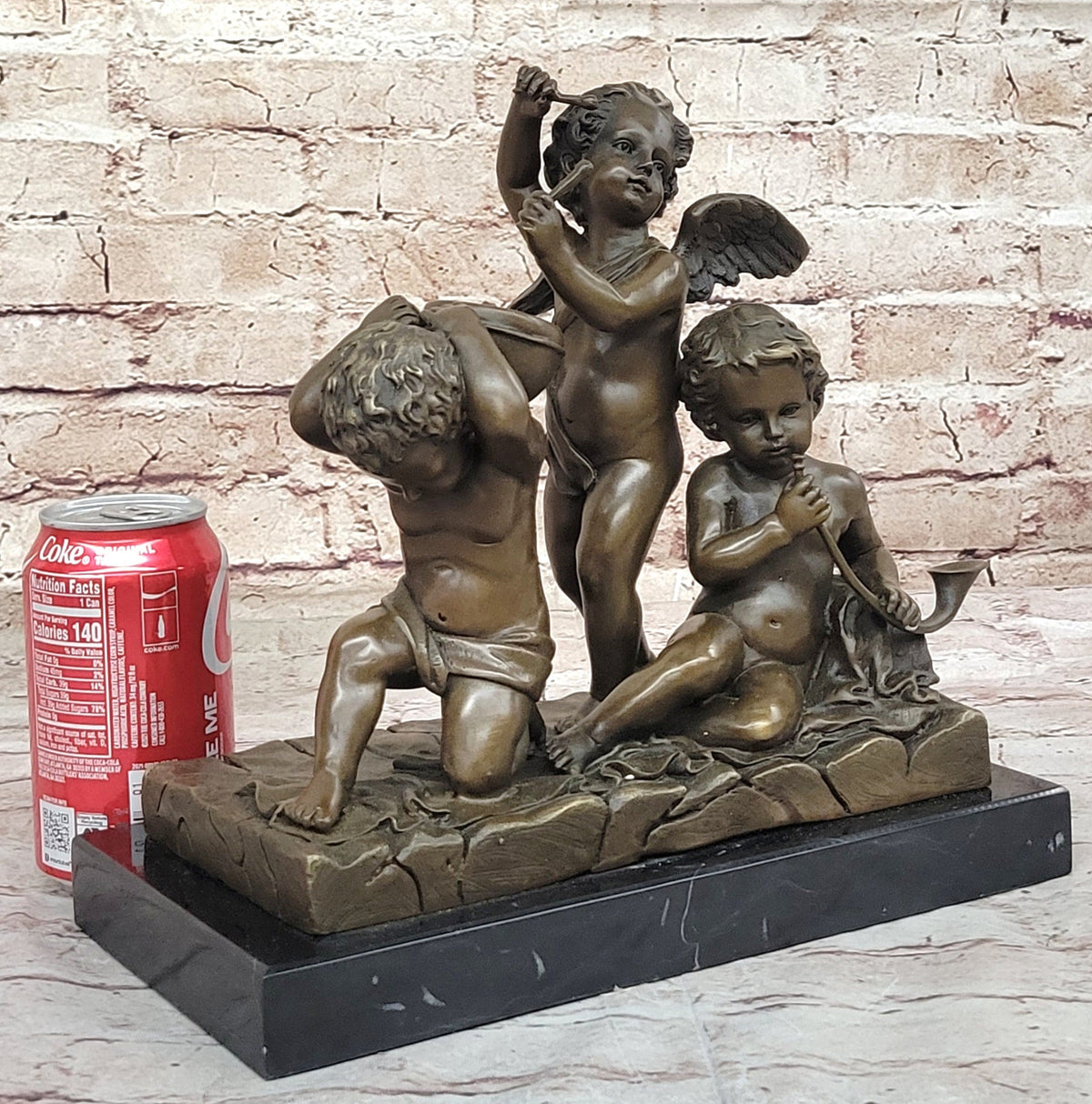 Three Cherubim Winged Cherub Baby Angel Sculpture on Marble Base