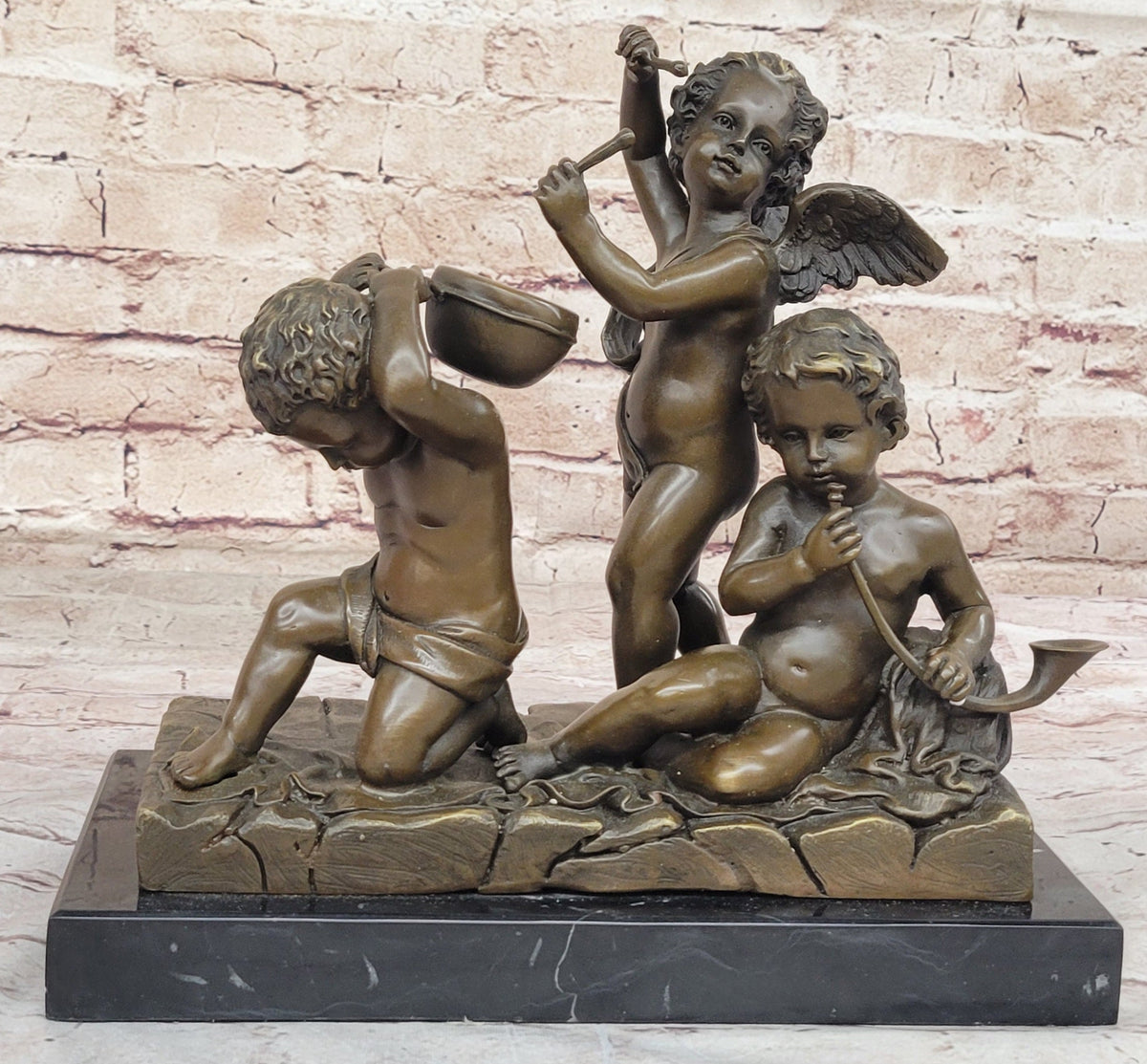 Three Cherubim Winged Cherub Baby Angel Sculpture on Marble Base