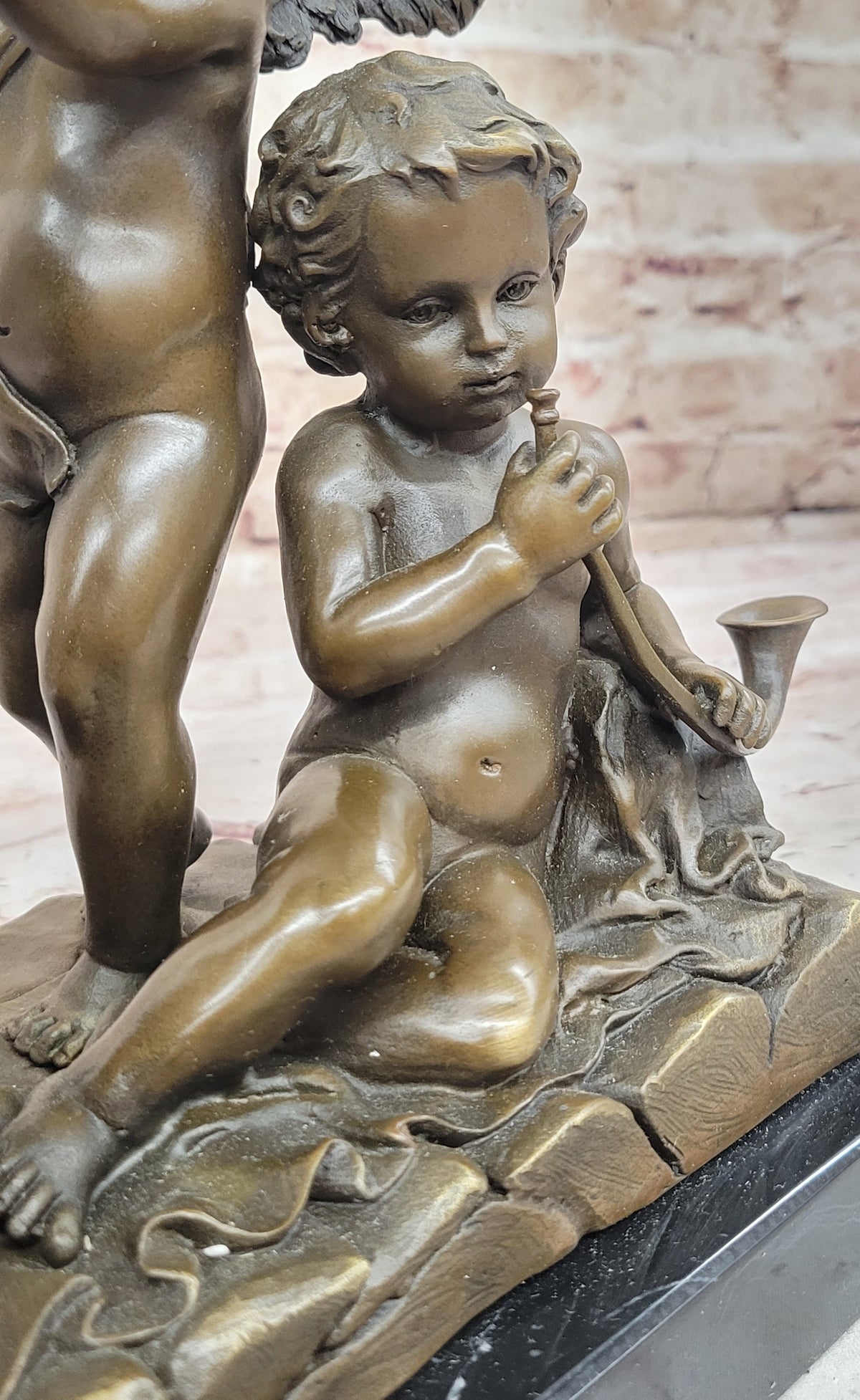Three Cherubim Winged Cherub Baby Angel Sculpture on Marble Base