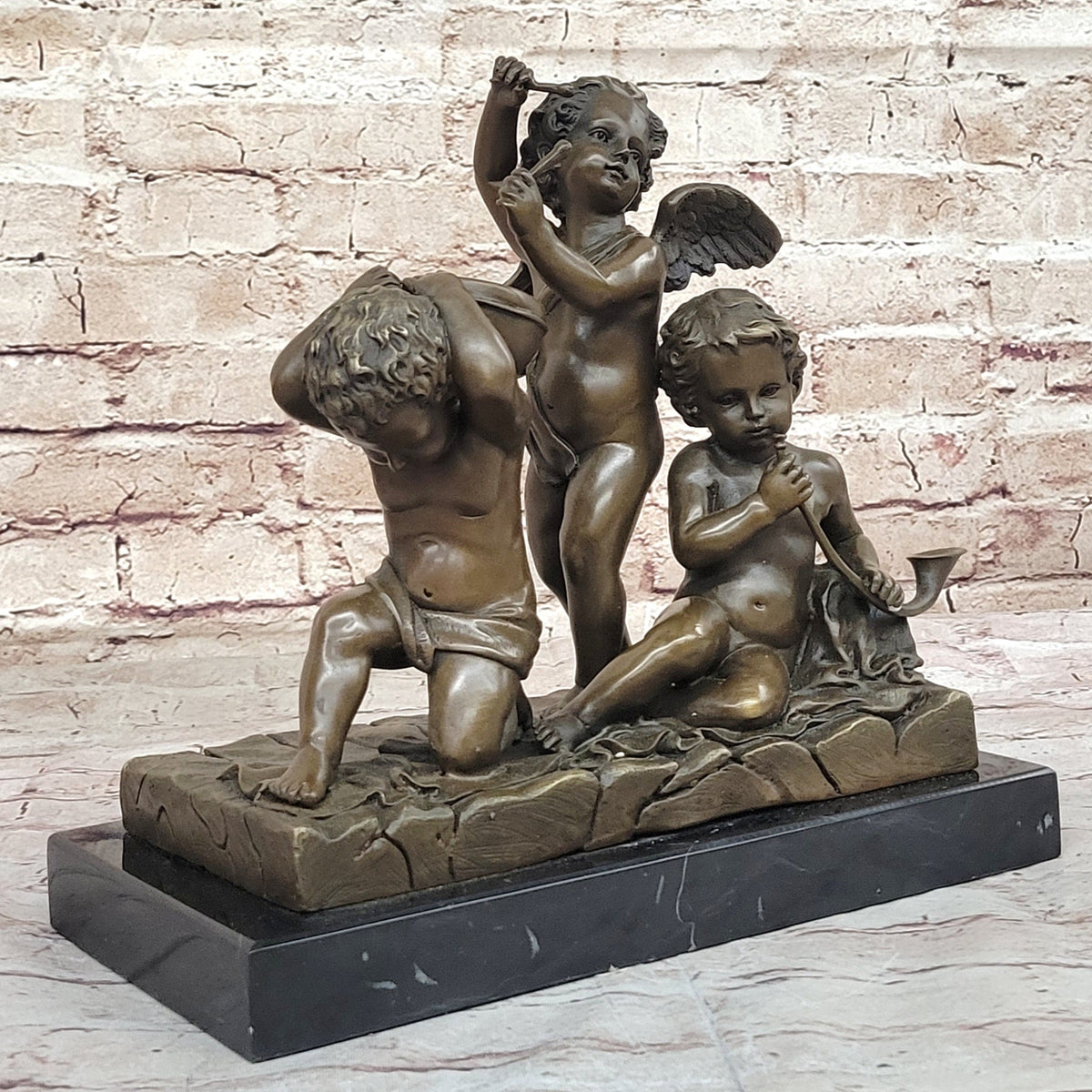 Three Cherubim Winged Cherub Baby Angel Sculpture on Marble Base