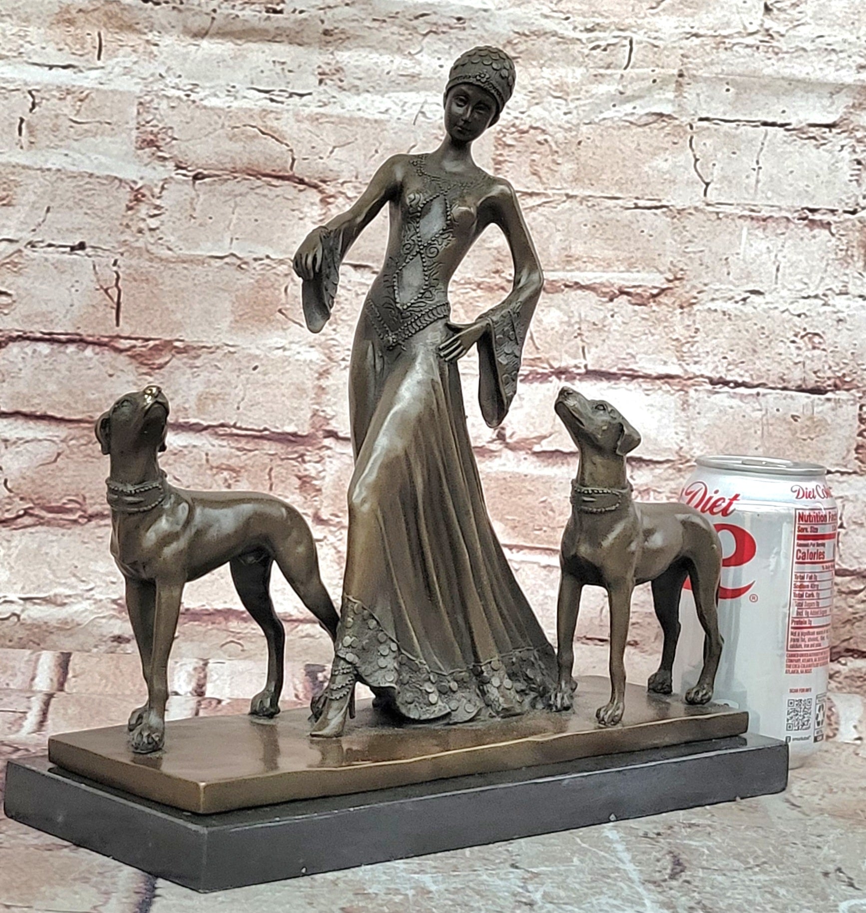 Bronze Statue: Art Deco Woman with Greyhounds Signed Milo Hand Made Artwork
