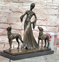 Bronze Statue: Art Deco Woman with Greyhounds Signed Milo Hand Made Artwork