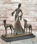 Bronze Statue: Art Deco Woman with Greyhounds Signed Milo Hand Made Artwork
