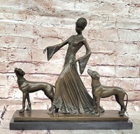 Bronze Statue: Art Deco Woman with Greyhounds Signed Milo Hand Made Artwork