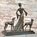 Bronze Statue: Art Deco Woman with Greyhounds Signed Milo Hand Made Artwork