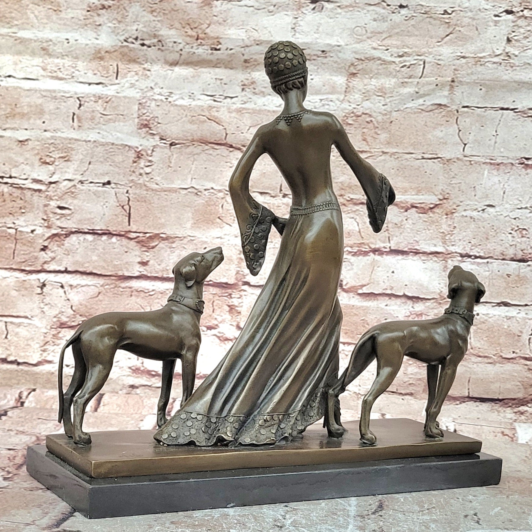 Bronze Statue: Art Deco Woman with Greyhounds Signed Milo Hand Made Artwork