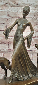 Bronze Statue: Art Deco Woman with Greyhounds Signed Milo Hand Made Artwork