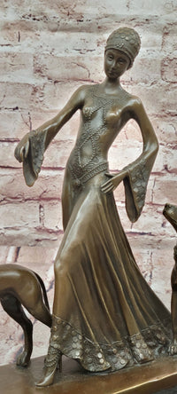 Bronze Statue: Art Deco Woman with Greyhounds Signed Milo Hand Made Artwork