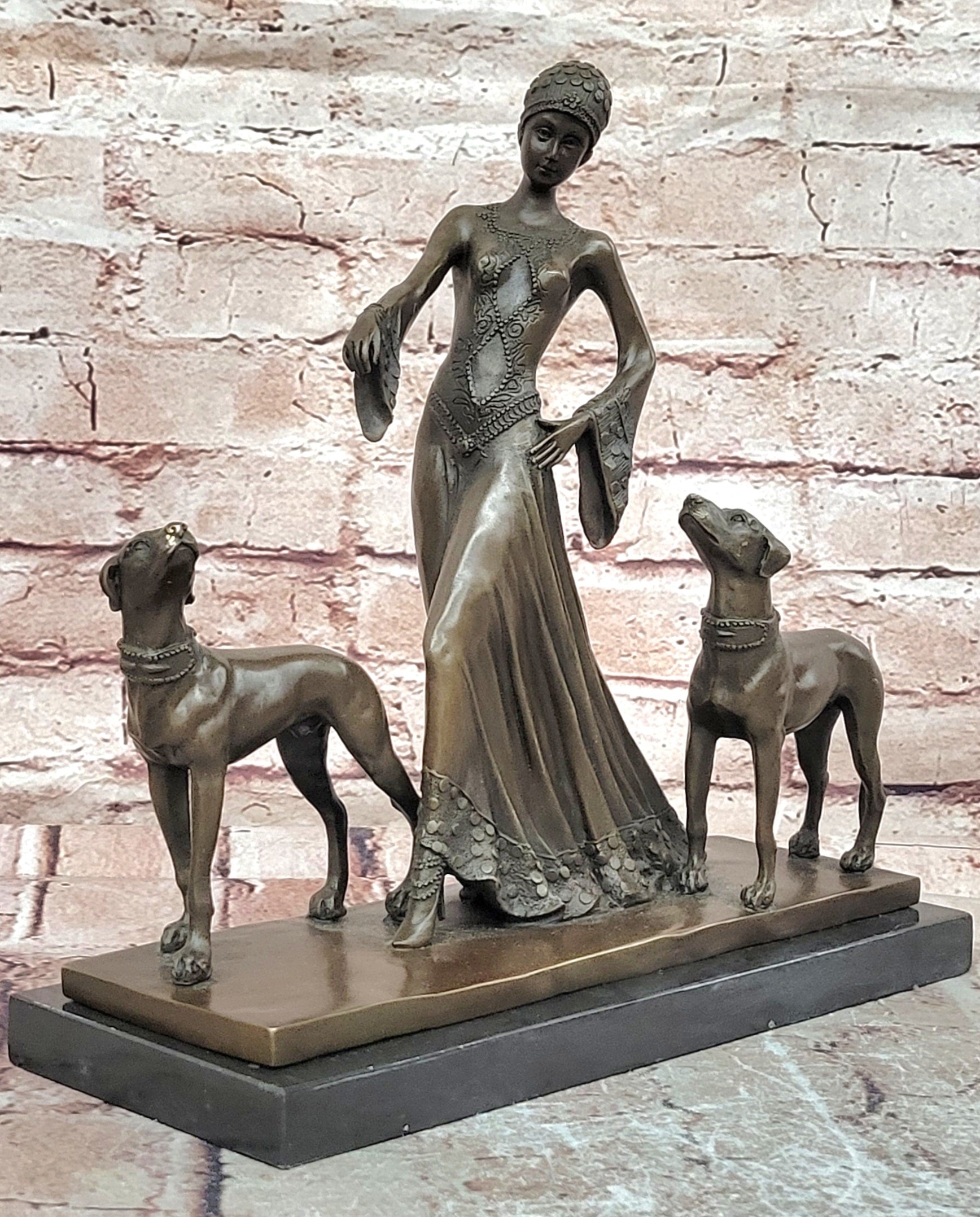 Bronze Statue: Art Deco Woman with Greyhounds Signed Milo Hand Made Artwork
