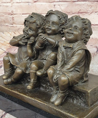 'Watching Something' Bronze Sculpture of Three Children Laughing and Sitting by Juan Clara