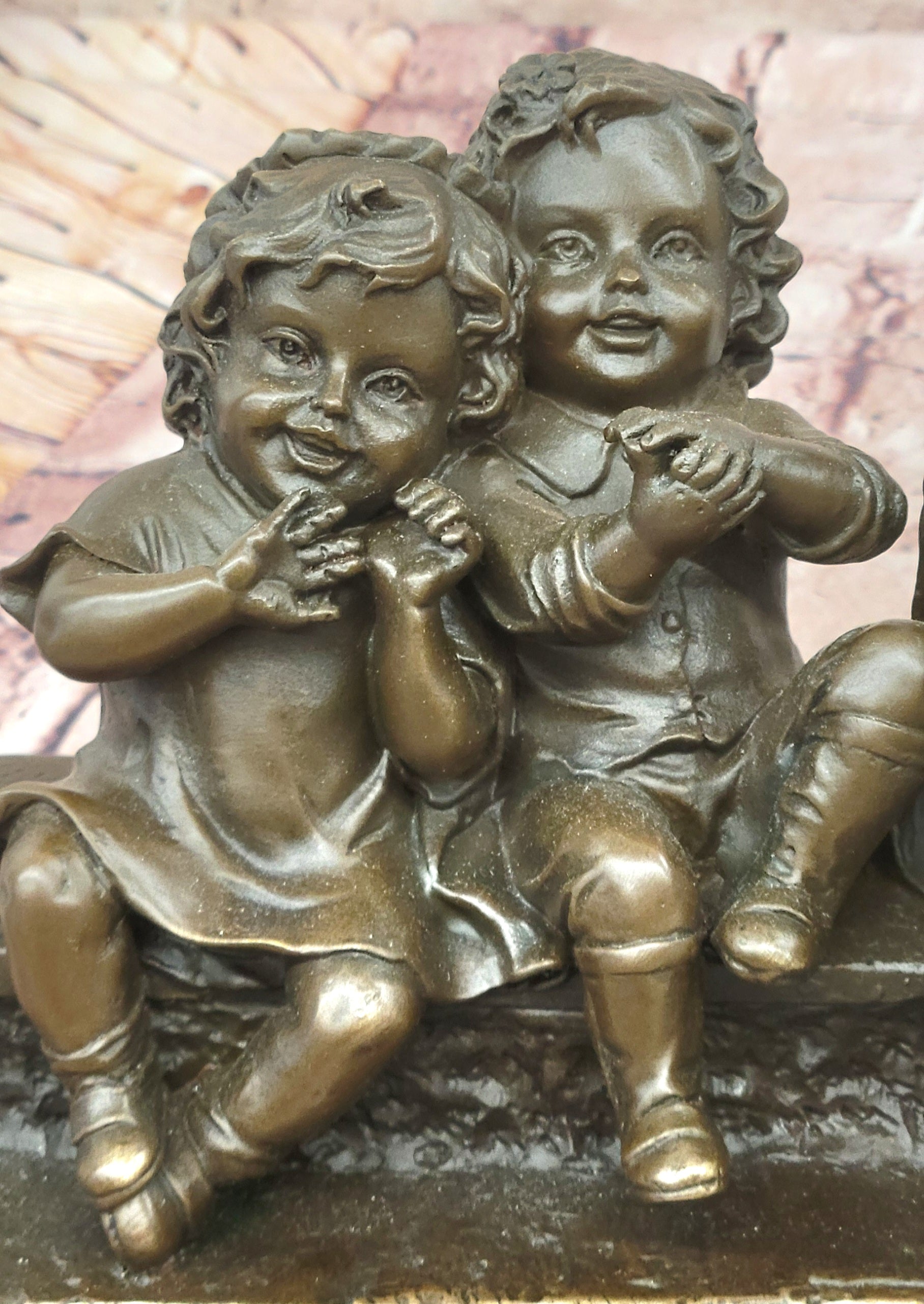 'Watching Something' Bronze Sculpture of Three Children Laughing and Sitting by Juan Clara