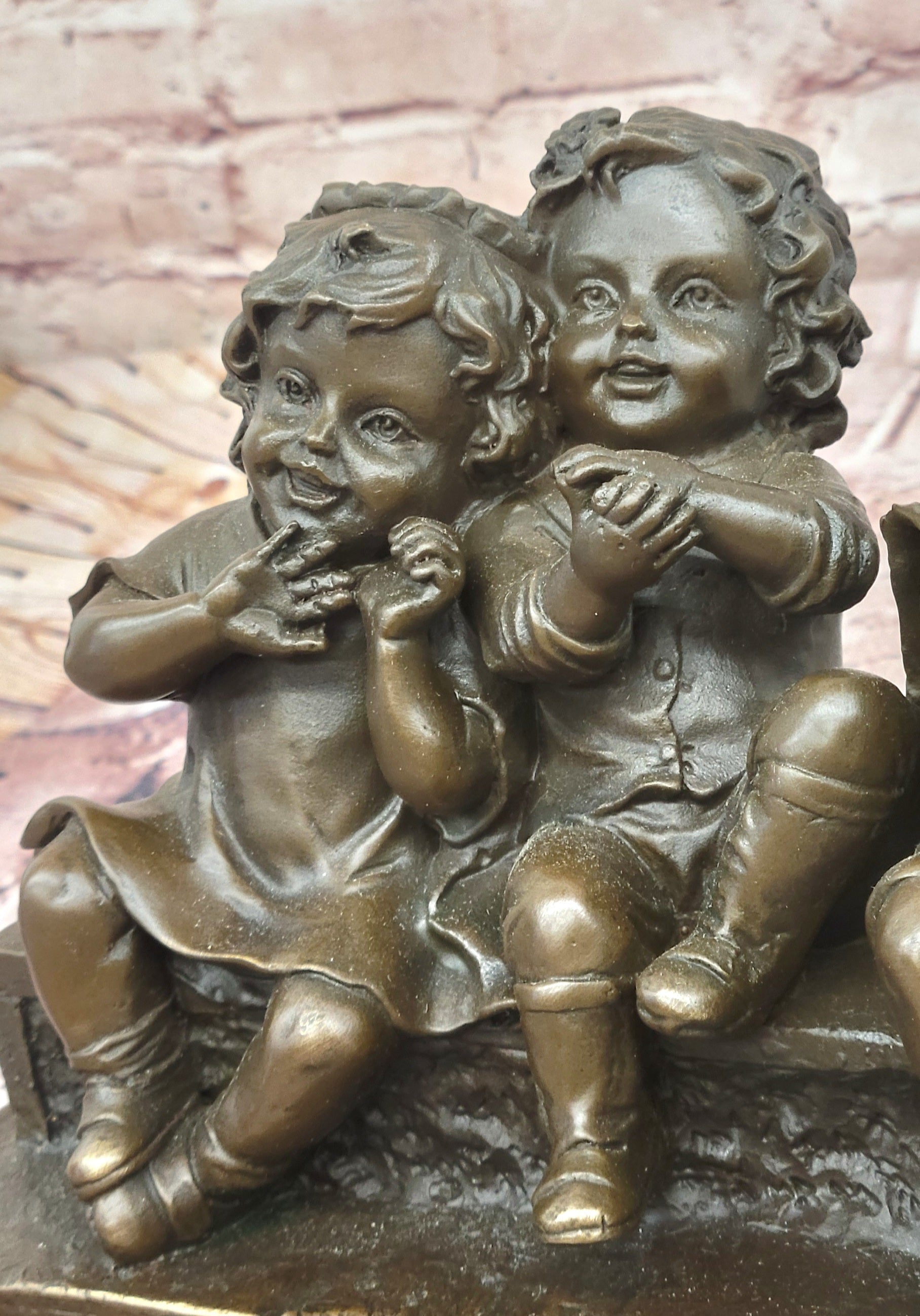 'Watching Something' Bronze Sculpture of Three Children Laughing and Sitting by Juan Clara