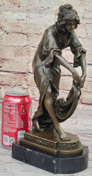 Young Woman Holding Shawl - Bronze Sculpture on Marble Base