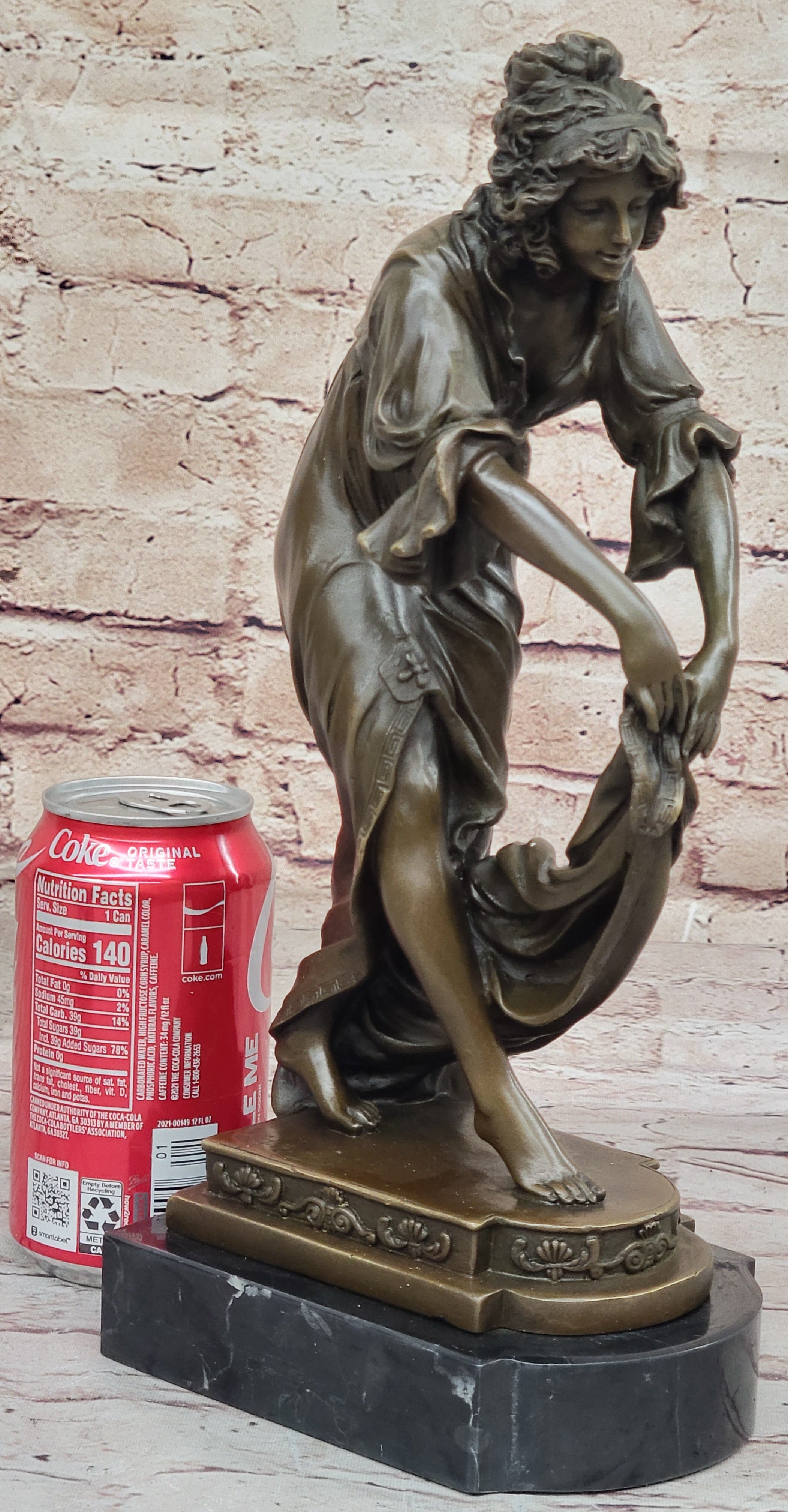 Young Woman Holding Shawl - Bronze Sculpture on Marble Base