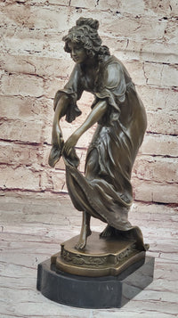 Young Woman Holding Shawl - Bronze Sculpture on Marble Base