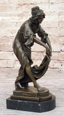 Young Woman Holding Shawl - Bronze Sculpture on Marble Base
