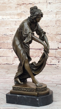 Young Woman Holding Shawl - Bronze Sculpture on Marble Base