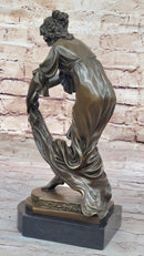 Young Woman Holding Shawl - Bronze Sculpture on Marble Base