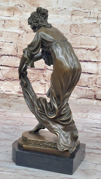 Young Woman Holding Shawl - Bronze Sculpture on Marble Base