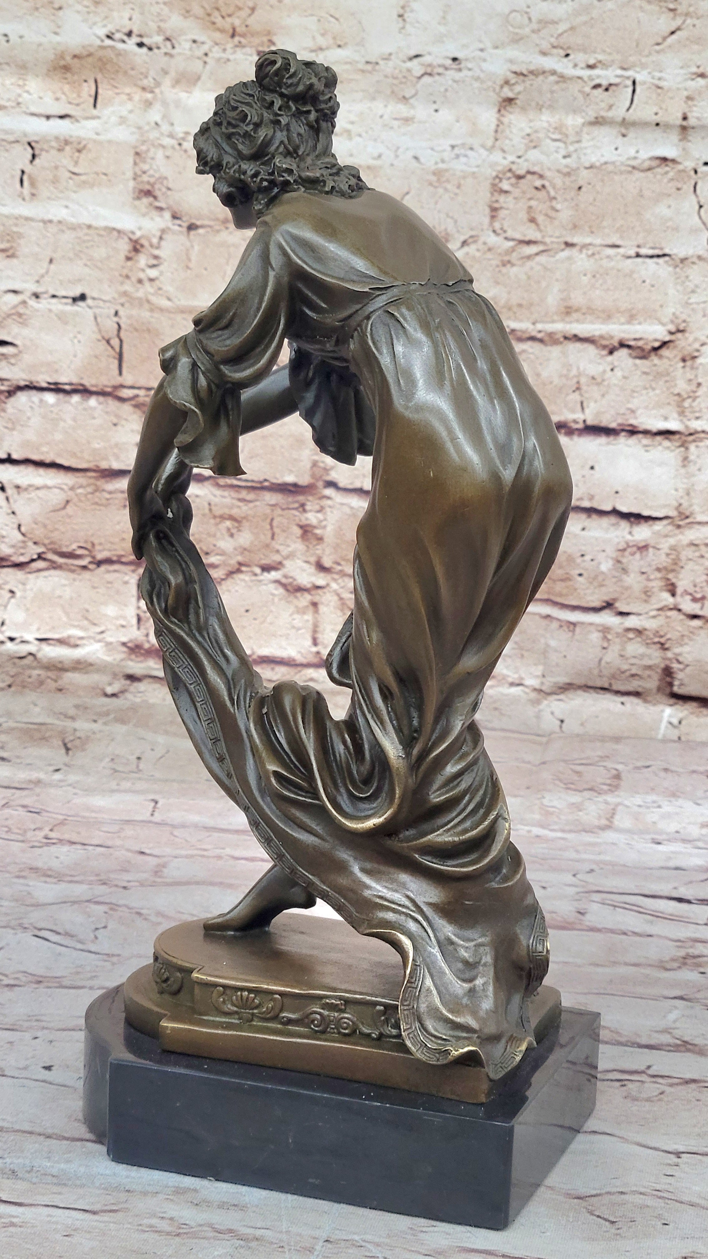 Young Woman Holding Shawl - Bronze Sculpture on Marble Base