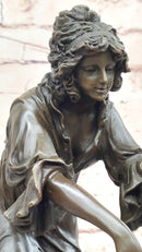 Young Woman Holding Shawl - Bronze Sculpture on Marble Base