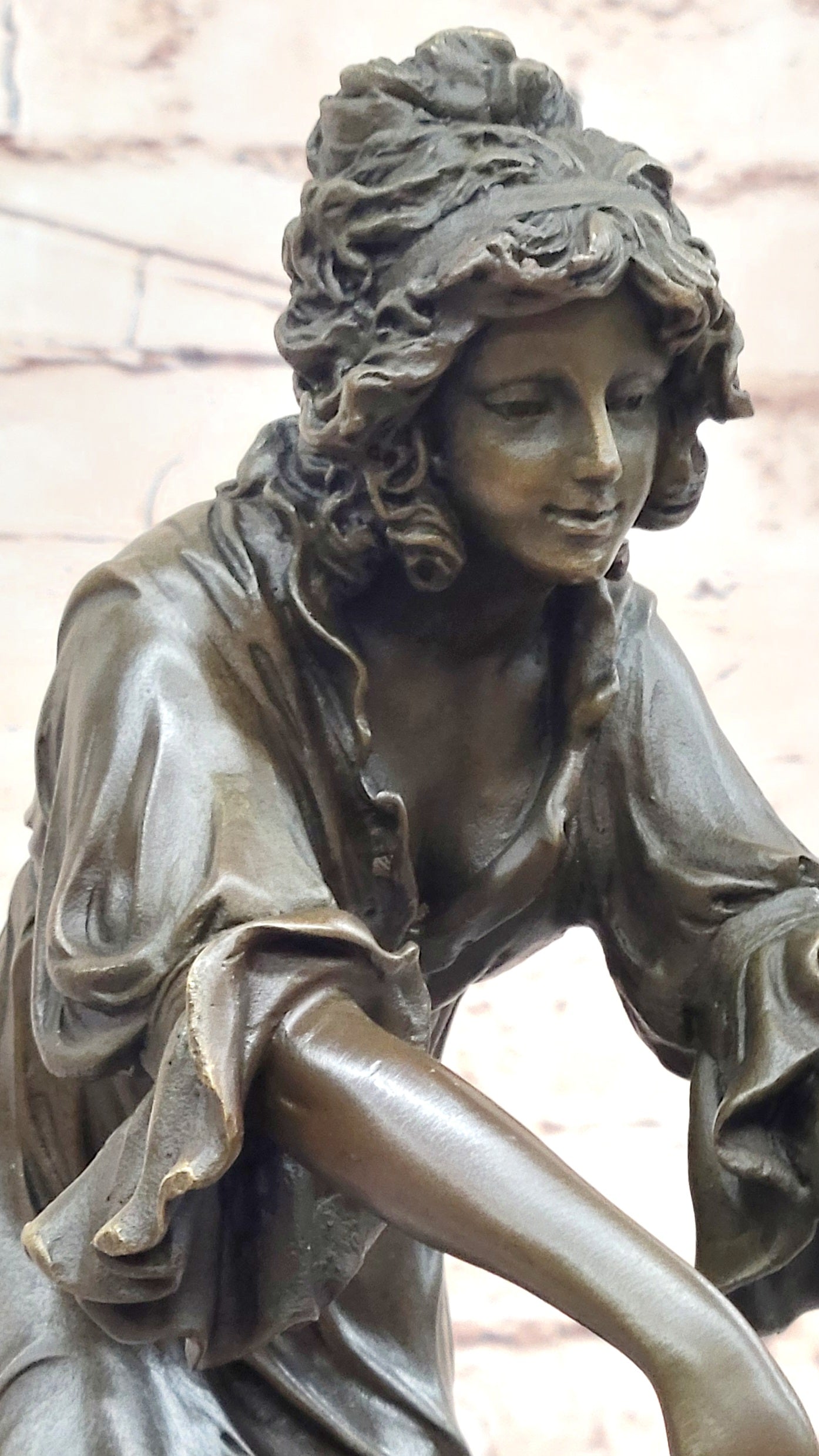 Young Woman Holding Shawl - Bronze Sculpture on Marble Base