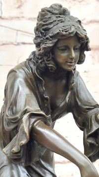 Young Woman Holding Shawl - Bronze Sculpture on Marble Base