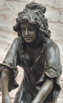 Young Woman Holding Shawl - Bronze Sculpture on Marble Base