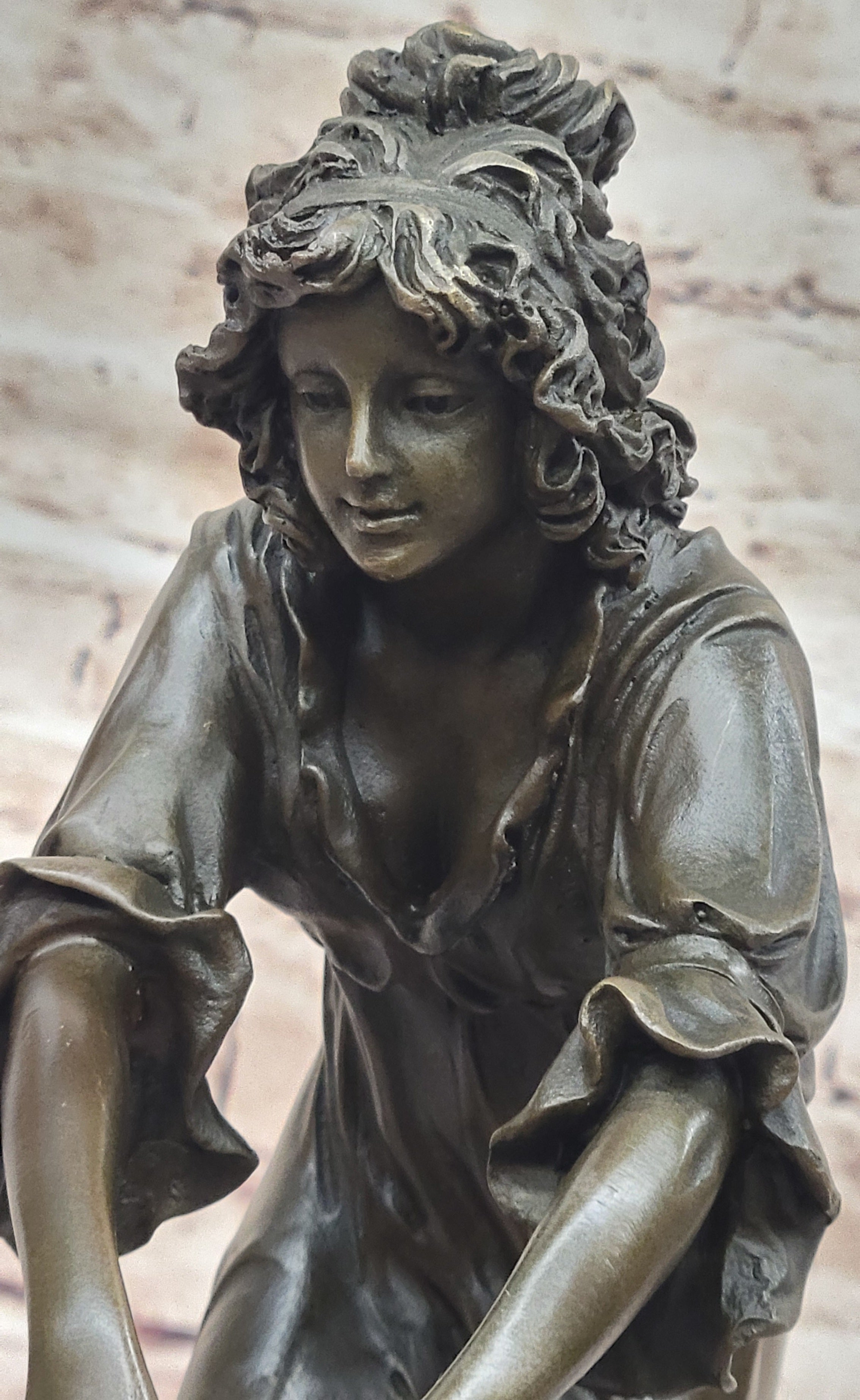 Young Woman Holding Shawl - Bronze Sculpture on Marble Base