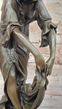 Young Woman Holding Shawl - Bronze Sculpture on Marble Base
