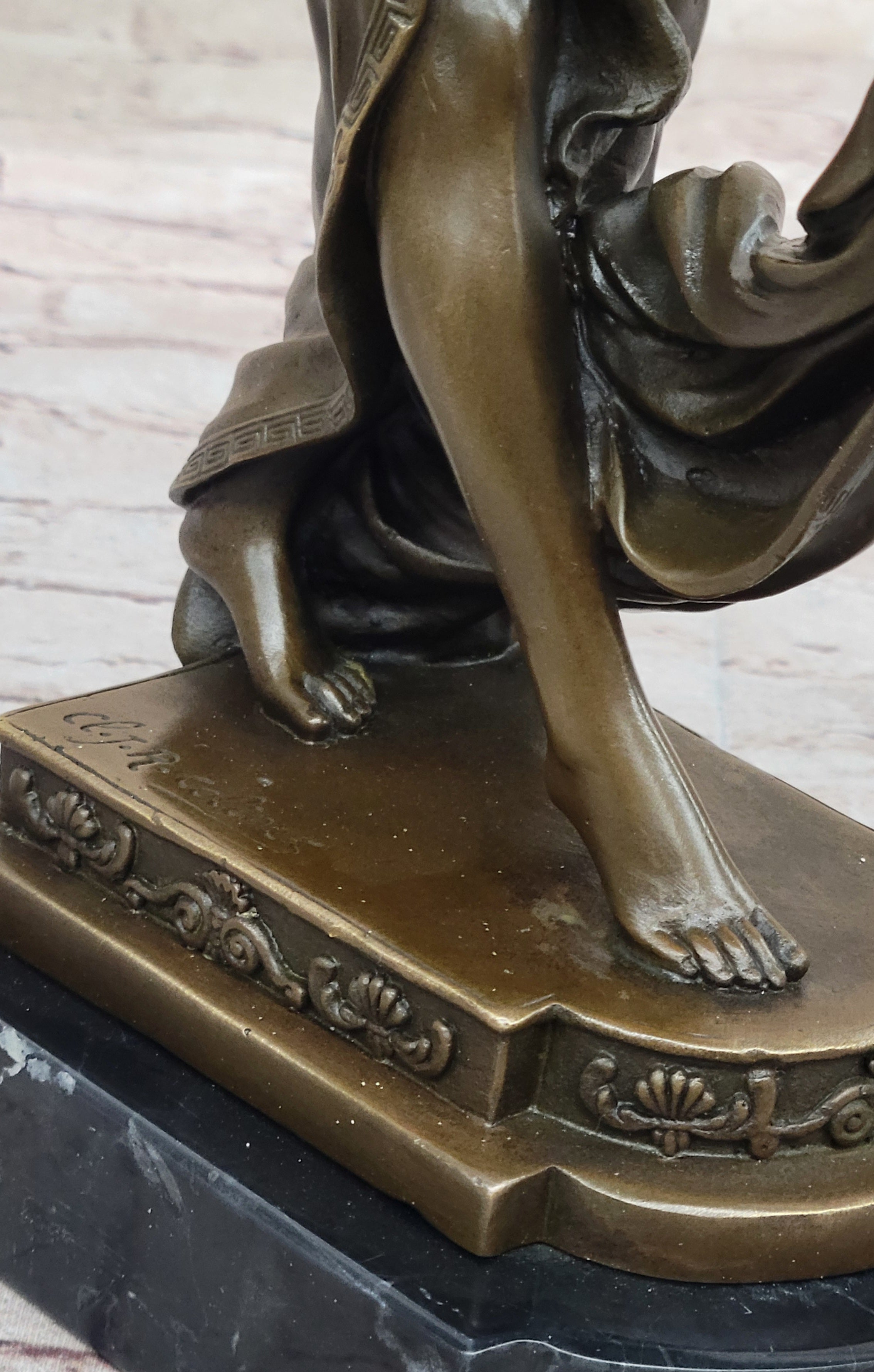 Young Woman Holding Shawl - Bronze Sculpture on Marble Base
