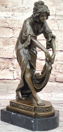 Young Woman Holding Shawl - Bronze Sculpture on Marble Base