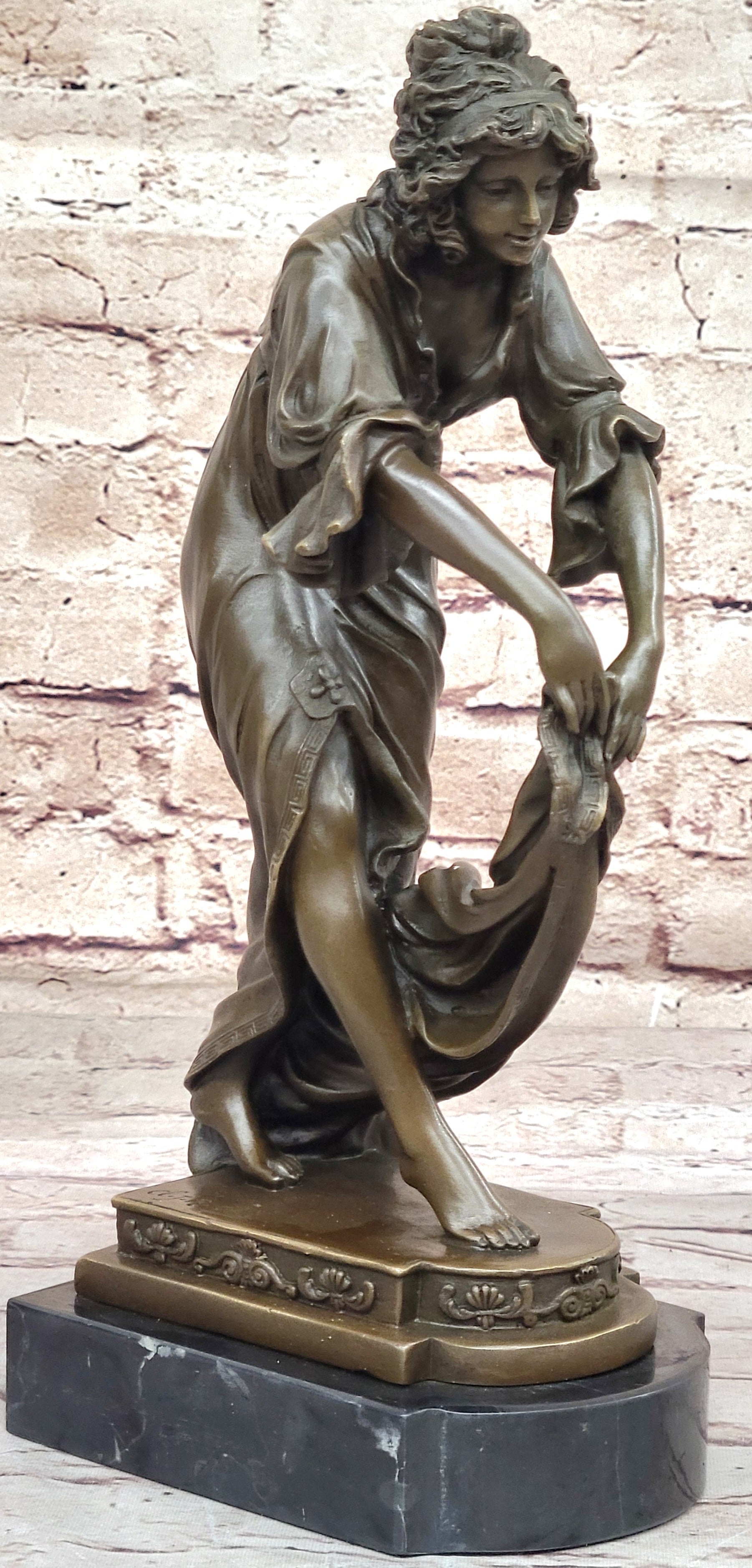 Young Woman Holding Shawl - Bronze Sculpture on Marble Base