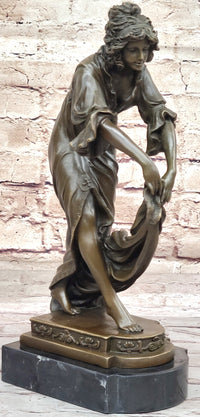Young Woman Holding Shawl - Bronze Sculpture on Marble Base