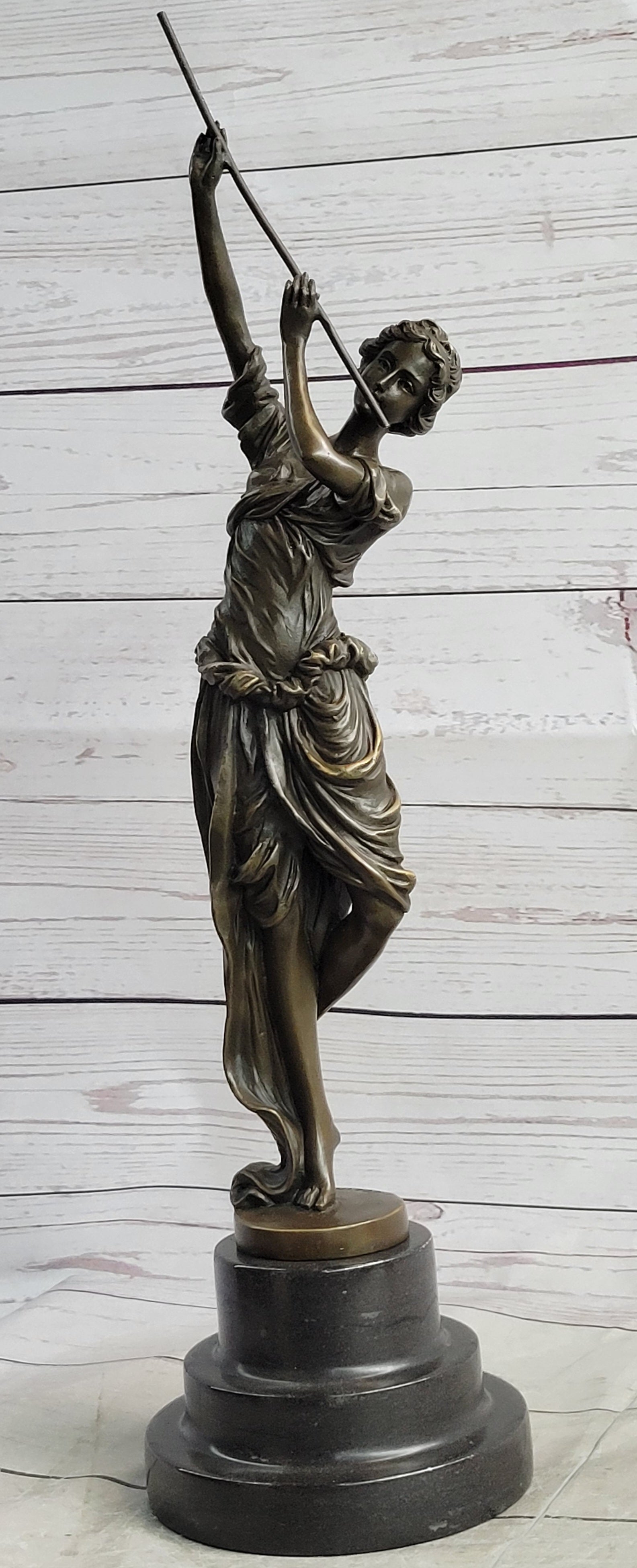 French Flautist Girl Playing Flute Bronze Sculpture Vintage Style