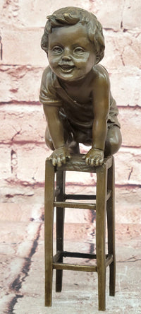 Signed Art Nouveau Bronze Figure Juan Clara Child on a Stool Hand Made Artwork