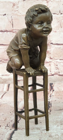Signed Art Nouveau Bronze Figure Juan Clara Child on a Stool Hand Made Artwork