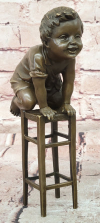 Signed Art Nouveau Bronze Figure Juan Clara Child on a Stool Hand Made Artwork