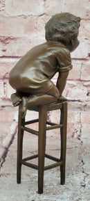 Signed Art Nouveau Bronze Figure Juan Clara Child on a Stool Hand Made Artwork