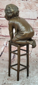 Signed Art Nouveau Bronze Figure Juan Clara Child on a Stool Hand Made Artwork