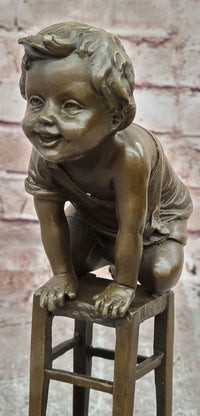 Signed Art Nouveau Bronze Figure Juan Clara Child on a Stool Hand Made Artwork