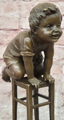 Signed Art Nouveau Bronze Figure Juan Clara Child on a Stool Hand Made Artwork