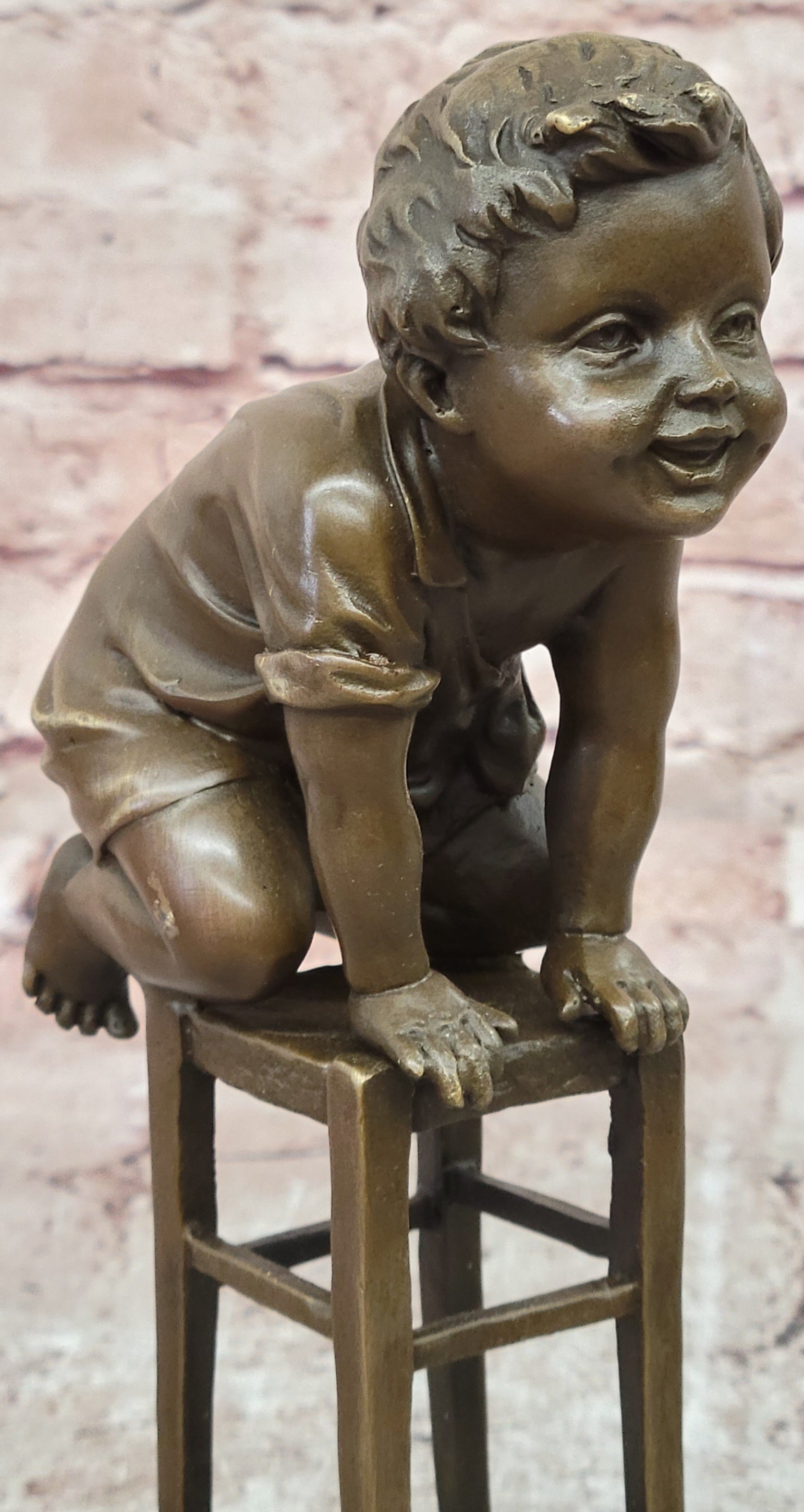 Signed Art Nouveau Bronze Figure Juan Clara Child on a Stool Hand Made Artwork