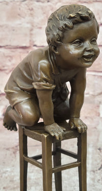 Signed Art Nouveau Bronze Figure Juan Clara Child on a Stool Hand Made Artwork