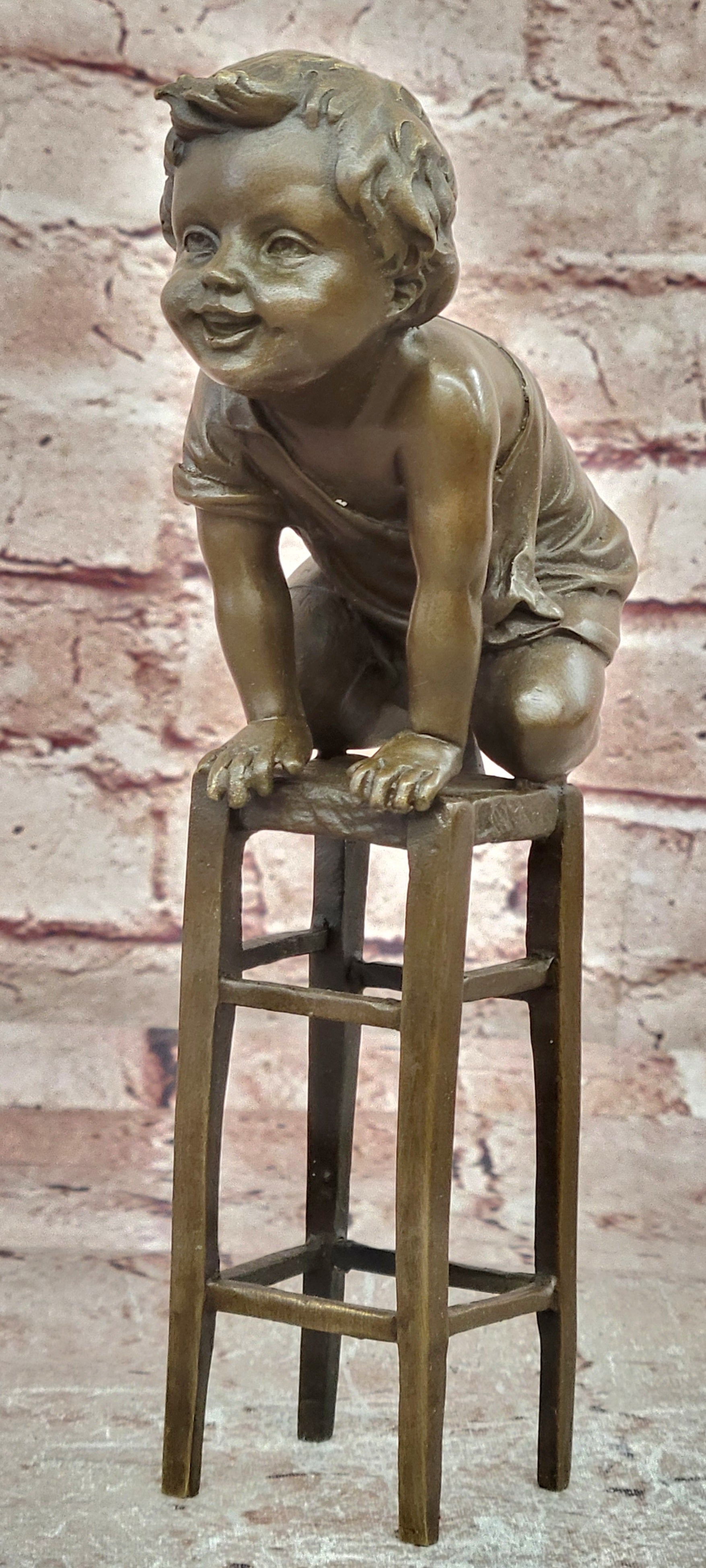 Signed Art Nouveau Bronze Figure Juan Clara Child on a Stool Hand Made Artwork