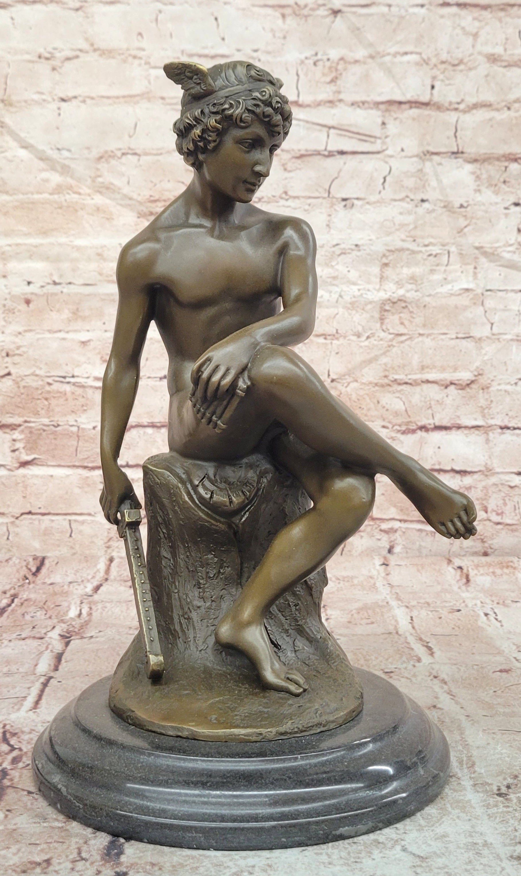 Signed Miguel Lopez (Milo) Seated Mercury Bronze Sculpture Hand Made Statue